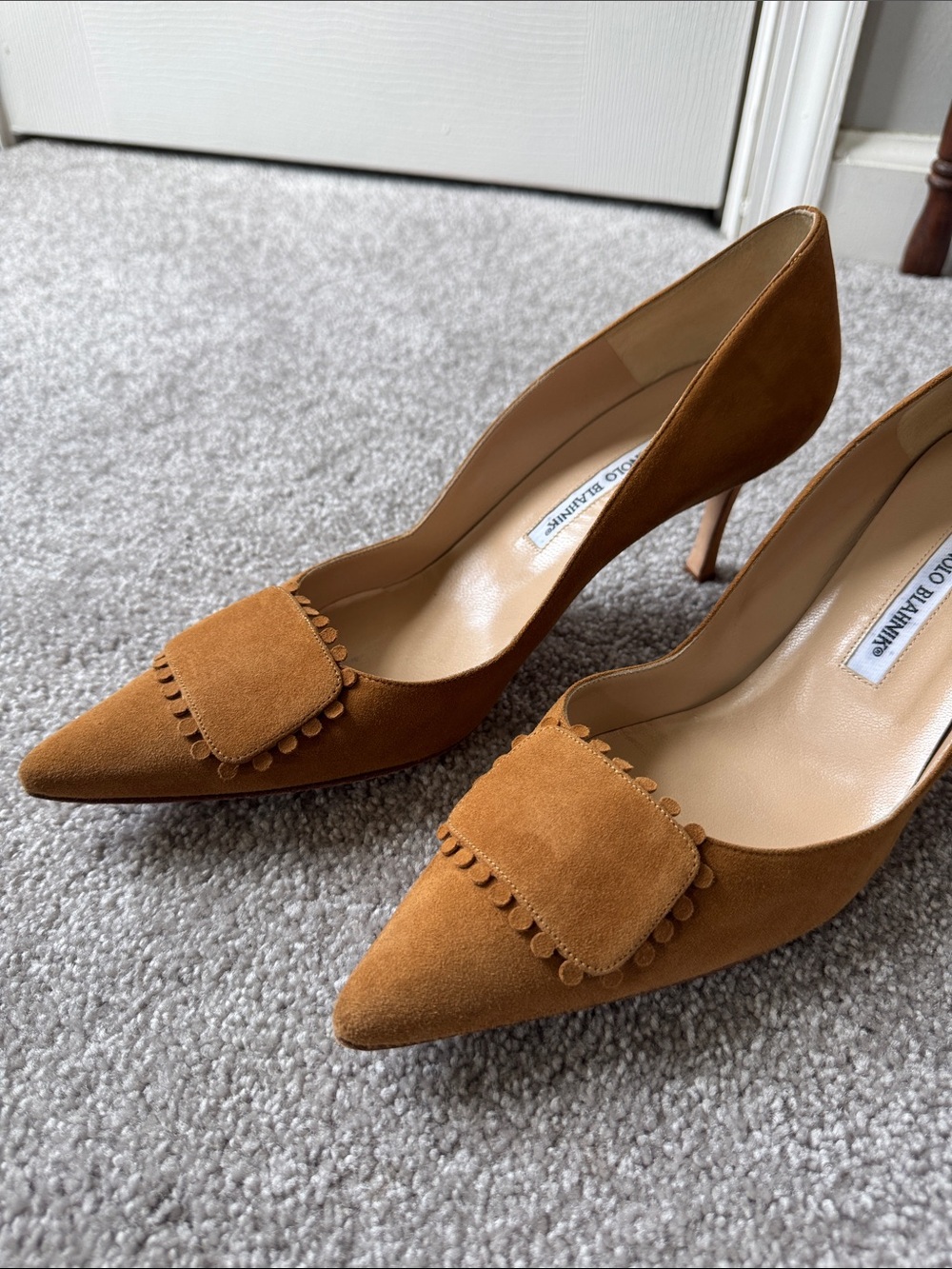 Manolo Blahnik Camel/Tan Suede Pointed Toe Pumps with Decorative Strap - Picture 4 of 7
